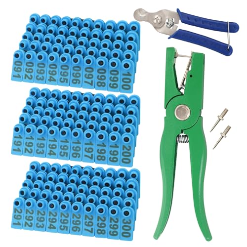 Sheep Ear Tag 001-300 Number Plastic Livestock Tags Goat with Punch Applicator Plier Tools and 2Pcs Ear Tag Pins (Blue, 001-300) - color: Blue, size: 001-300