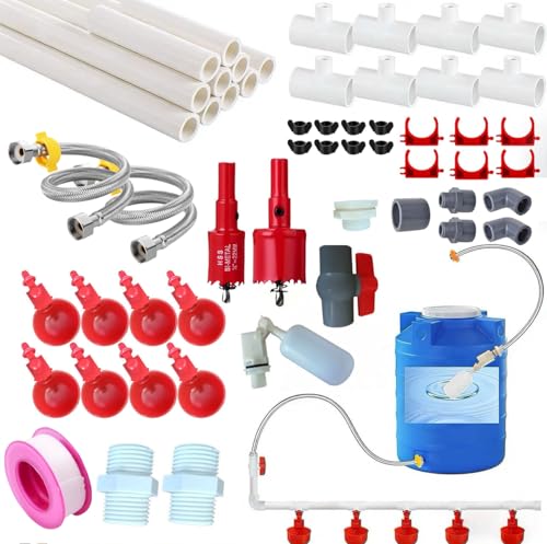 Complete Set Pipeline Automatic Chicken Waterer System(55 Accessories Included)Chicken Water Cups, Chicken Waters,Poultry Waterer,Chicken Watering System,with PVC Pipeline,Float Valve and Garden Hose