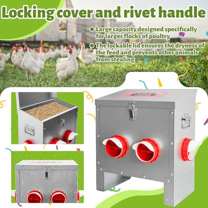 25LB Large Automatic Chicken Feeder Galvanized Metal Chicken Feeders with 4 Feeding Ports No Waste Outdoor Poultry Feeder with Handle and Locking Lid for Chickens and Ducks - size: 25LB-4 Ports