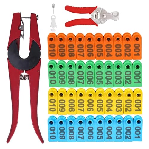 MINYULUA 400PCS 1-100 Number Plastic Livestock Ear Tags with Applicator Plier and Tool for Sheep, Goat, Dog, Cattle, Pig - color: Yellow+orange+green+blue Set
