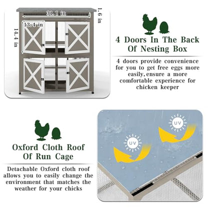 Gowoodhut Large Chicken Run with Nesting Boxes for 4-6 Chickens, Wooden-Framed Outdoor Chicken Coop with Reinforced Wire Mesh, Expandable Poultry Enclosure, Shade Cover & Perches, Grey - size: PET28-Grey
