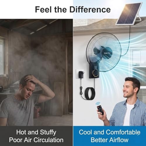 16" Solar Barn Fan for Chicken Coop and Greenhouse, Patio Fan Wall Solar Fan with Remote, 16ft Extension Cable AC/Solar Dual Power, 90° Oscillating Fans Waterproof Garage Cooling System