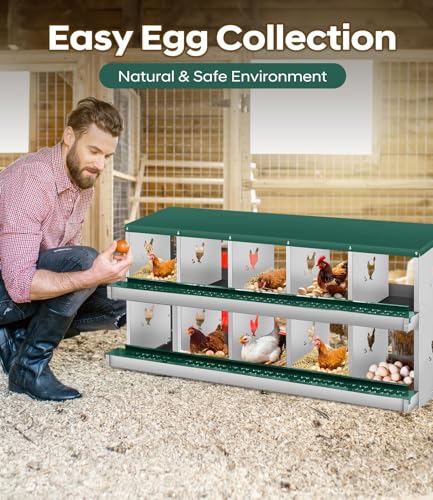 10 Compartment Chicken Nesting Boxes, Metal Roll Away Egg Laying Boxes with Removable Tray & Lid Cover, Chicken Coop Nest Box for Hens, Egg Protection Design (Without Legs) Green - color: Green, size: 10 hole - without leg