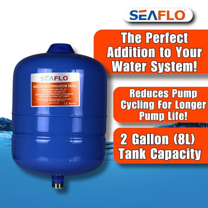 SEAFLO 2 Gallon Pre-Pressurized Accumulator Expansion Tank – Reduces Pump Cycling, Smooth Water Flow, 87 PSI, 3/4" MNPT, Compact Design for RV, Marine, Boat & Off-Grid Systems – 4-Year Warranty - style: 2 Gal (8 L)