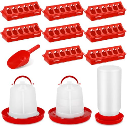 12 Pcs Chick Waterer and Feeder Kit 12-Hole Flip-top Chicken Feeders 1 L Chicken Water Dispenser 1.5 L Hanging Waterer & Feed Scoop Chick Starter Kit for Poultry Brooder