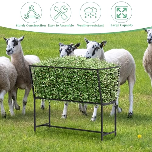 ETELI 38 Gallon Hay Feeder for Goats, Horses, Alpacas, Heavy Duty Hay Rack with Adjustable Feet Floor Livestock Feeder for Outdoor Yards, Ranch, Farm, Black