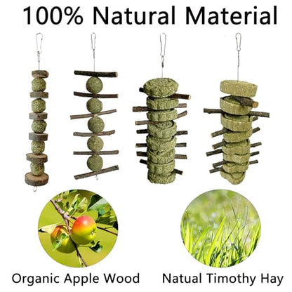 LWINGFLYER 4 Pack Bunny Chew Toys Apple Wood Chews Rabbit Cage Hanging Grass Cake Snack Treat for Teeth Grinding Improve Small Pet Guinea Pigs Chinchillas Hamsters Parrots Dental Health