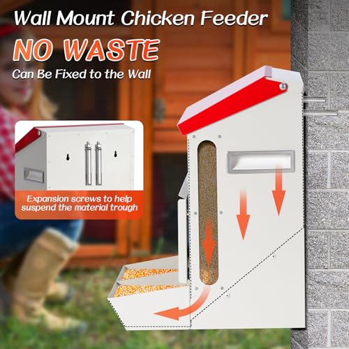 Automatic Chicken Feeder No Waste, Wall Mount| Weatherproof| Mess Free | Galvanized Hanging Poultry Feeder with Lid| Metal Chicken Feeder Trough Food Dispenser for Duck Geese|Hens| Turkeys Coop