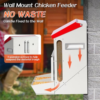 Automatic Chicken Feeder No Waste, Wall Mount| Weatherproof| Mess Free | Galvanized Hanging Poultry Feeder with Lid| Metal Chicken Feeder Trough Food Dispenser for Duck Geese|Hens| Turkeys Coop