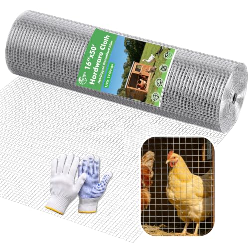 Hardware Cloth 16" x 50ft 19 Gauge, 1/2" Chicken Wire Fencing Galvanized Rust-Resistant, Wire Mesh, Poultry Animal Netting for Chicken Coops, Protective Barriers, Garden Fencing (Gloves Included) - size: 1/2" 16" x 50ft 19Ga