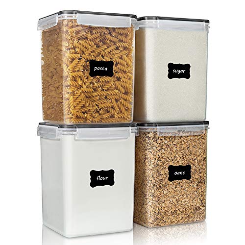 Vtopmart 4 PCS Large Food Storage Containers 5.2L / 175oz, 4 Pieces BPA Free Plastic Airtight Canisters for Flour, Sugar, Baking Supplies, Rice with Lids, 4 Measuring Cups and 24 Labels, Black - color: Black, size: 5.2L