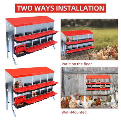 GarveeHome 2-Tier Chicken Nesting Box, 10 Compartment Metal Chicken Laying Boxes with Waterproof Roof ＆ Removable Trays for Hens, Poultry，Easy Egg Collection - color: Red, size: 10 holes with legs
