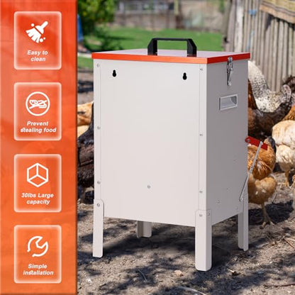 30lbs Automatic Chicken Feeder and Duck Feeder for Outside, Metal Chicken Feeders No Waste, Large Poultry Feeder for Chickens, Ducks, Geese, Pigeons, Dogs, Cats (Orange)