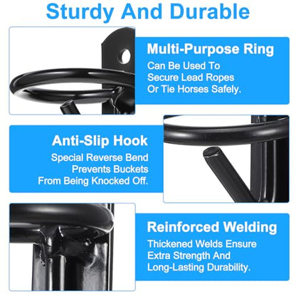 6 Pack Heavy Duty Bucket Hooks for Horse Stalls Anti-Tip Metal Bucket Holder for Horse Feed and Water Stable Barn Fence Accessories with Screws, Black