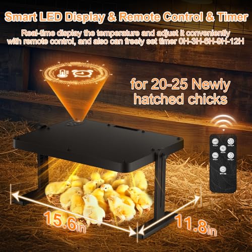 Chicken Brooder, Anti-Scald Graphene Brooder Plate with Remote Control, 16x12in Large Brooder Heater for 25 Chicks with Adjustable Temperatures&Height&Angle for Chicken Coops Poultry Heating, Black