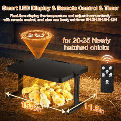 Chicken Brooder, Anti-Scald Graphene Brooder Plate with Remote Control, 16x12in Large Brooder Heater for 25 Chicks with Adjustable Temperatures&Height&Angle for Chicken Coops Poultry Heating, Black