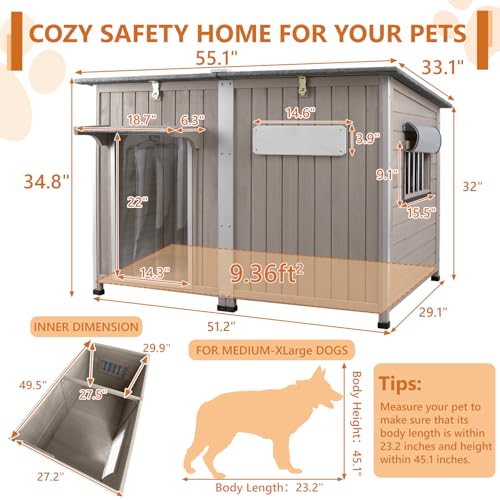 Ketive 55"L Dog House Outdoor Large Breed Extra XL Wooden Dog House with Weatherproof Asphalt Roof, All-Around Iron Frame, Removable Floor, Openable Top Roof, Air Vents Window for Medium to Large Dogs - style: 55.1"L x 33.1"W x 34.8"H