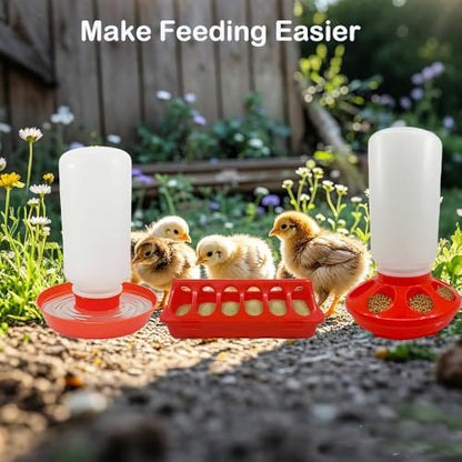 7 Pack Chick Feeder and Waterer Kit No Waste with Chick Perch Flip Top Small Poultry Feeder Trough Quail Feeding Supplies Baby Chick Starter Kit for Chicken Coop Brooder Duck Quail Gravity