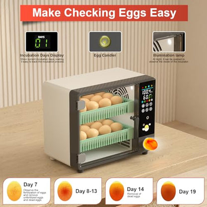 Incubators for Hatching 24 Eggs, Egg Incubator Automatic Egg Turner, Ultrasonic Atomized Humidifier, Chicken Incubator Temperature Control with 5 Automatic Incubation Modes, Auto Day Count