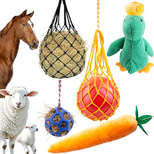 Horse Toys for Horses 5 PCS Set, Goats Enrichment Toys, Including Hay Net, Hay Ball, Toy Ball, Squeaky Duck, Plush Carrot Toy with Hanging Ropes for Goat,Sheep to Play with, Relieve Stress