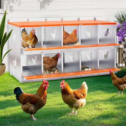 8-Bay Metal Chicken Nesting Box for Hens and Ducks, Wall-Mounted Galvanized Steel Coop Nest with Ventilation, Easy Assembly (10-Orange) - color: 10-Orange