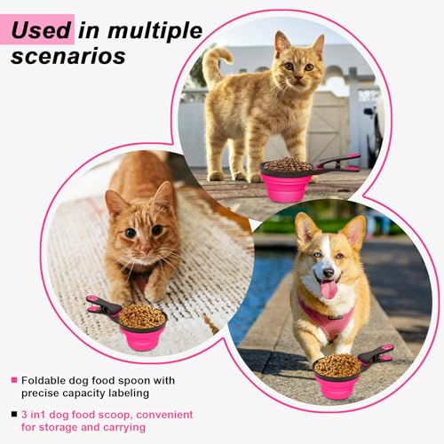 Collapsible Silicone Dog Food Scoop Foldable Pet Food Measuring Cup with Bag Clip 3 in 1 Multi-Function Silicone Dog Food Scooper (Rose Red, Large) - color: Rose Red, size: Large