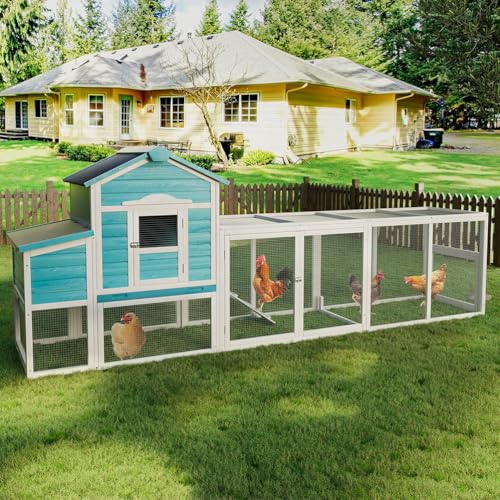 122" Large Chicken Coop for 3–6 Chickens, Outdoor Poultry Cage with Nesting Box, Ramp & Enclosed Run, Weatherproof Wood Hen House with Asphalt Roof, Pull-Out Tray & Predator-Proof Wire - color: Blue