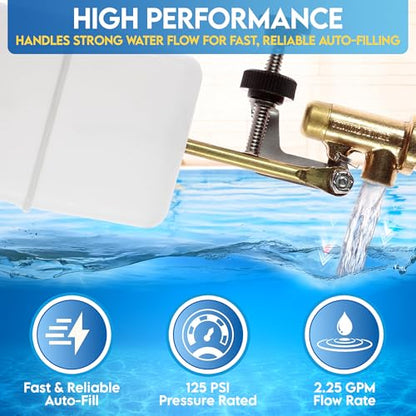 Float Tec EZ Adjust Brass Replacement Float Valve 3/8" NPT Male Threads with 3" arm for Autofill, Pools, Spas, Water fountains, Livestock Water Trough, Water Tanks Fits 8" Canister