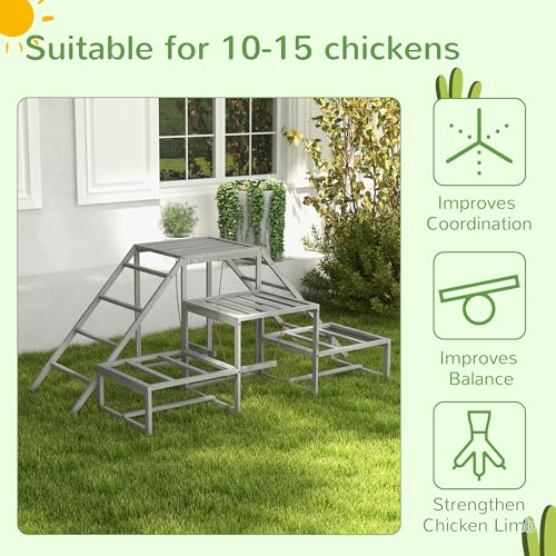 PawHut Chicken Toys for Coop, Chicken Swing Set, Chicken Coop Accessories for Poultry Run with Perches, Wood Stand, Ladder, Platforms, for 10-15 Chickens, Gray