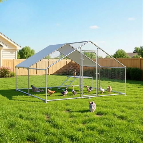 Large Metal Chicken Coop with Roosting Ladder, Waterproof and UV-Resistant Cover,Outdoor Walk-in Cage Hen House for Yard Farm Rabbit Duck Chicken Run, Spire Roof(13.1'W x 9.8'L x 6.4'H) - size: 157.5"L x 118.0"W x 78.0"H