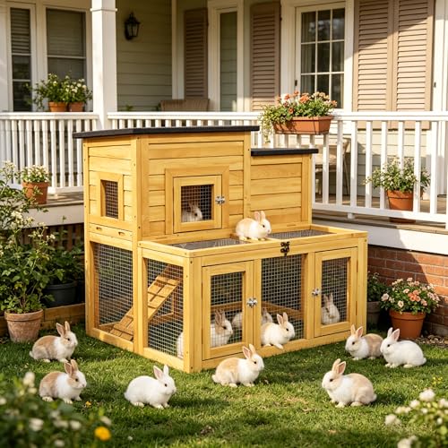 37.8" L Rabbit Hutch Outdoor,UV-Proof Home for Chickens, Ducks,Bunnies & Guinea Pigs，2-Story Pet House Indoor Bunny Hideout with Ventilation Door，Weatherproof Asphalt Roof for Garden Backyard - color: Wood