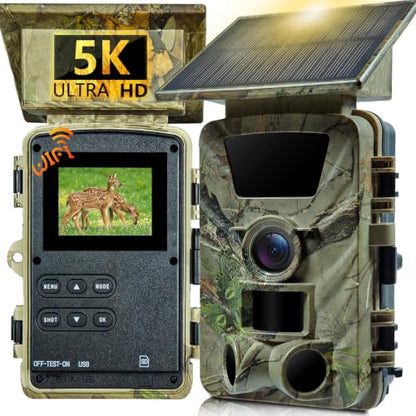 Solar Trail Camera WiFi Bluetooth - 5K 60MP Game Camera with 5200mAh Battery, Rechargeable Trail Cam with 64GB SD Card, Wildlife Cameras Deer Cams for Outdoor Backyard