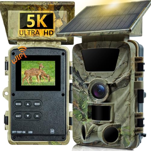 Solar Trail Camera WiFi Bluetooth - 5K 60MP Game Camera with 5200mAh Battery, Rechargeable Trail Cam with 64GB SD Card, Wildlife Cameras Deer Cams for Outdoor Backyard