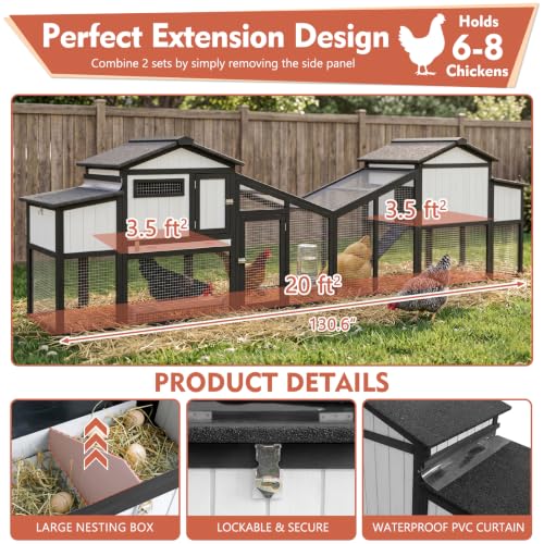 Ketive Chicken Coop with Run, Wooden Outdoor Hen House with 2 Nesting Boxes | Small Backyard Hen House for 1-2 with Predator-Proof Iron Mesh, 2 Perches, Pull-Out Tray, Expandable,Weatherproof Roof,65.3"L - size: 65.3"L x 26.0"W x 39.2"H