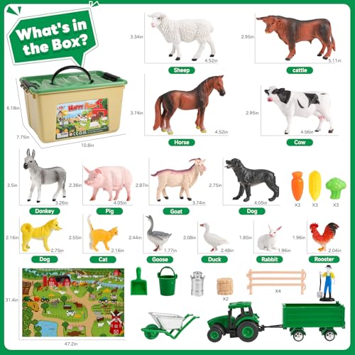 Farm Animal Toys for Toddlers,38 PCS Realistic Animal Figurines Toys with 47.2”x31.4” Large Activity Play Mat and Tractor Toy,Farm Playset Educational Learning Toy for Toddlers Kids 3-5