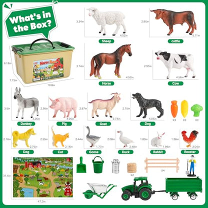 Farm Animal Toys for Toddlers,38 PCS Realistic Animal Figurines Toys with 47.2”x31.4” Large Activity Play Mat and Tractor Toy,Farm Playset Educational Learning Toy for Toddlers Kids 3-5