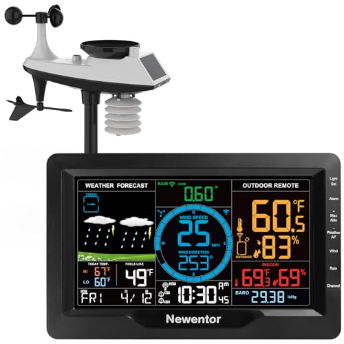 Newentor Professional Weather Station Wireless Indoor Outdoor, All-in-One Weather Stations with Rainfall and Wind Speed, Barometric Pressure, Color Display Atomic Clock with Wind Meter Sensor, Black - color: Black, size: with Rainfall Wind Sensor