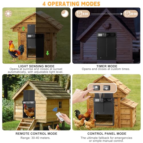 Solar Automatic Chicken Coop Door Opener, Auto Chicken Door with Timer and Light Sensor, Safe & Smart Operation with Obstacle Detection
