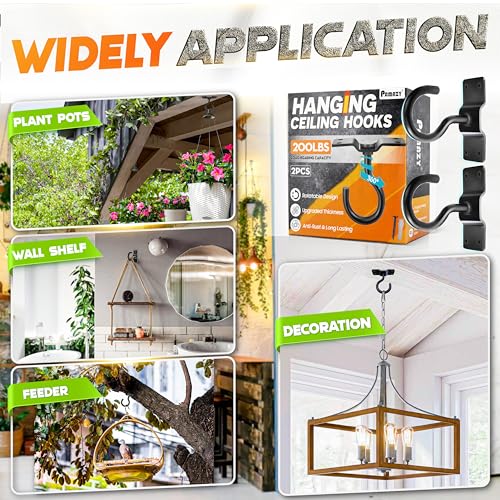 [UPGRADED] 2Pcs 200LBS Rotatable Ceiling Hooks with 4 Screw Points Base, Wall Mount Metal Hanger Black Ceiling Hook for Hanging Plant, Bird Feeder, Lights, Bed Canopy, Wind Chime, Indoor Outdoor Decor - style: 2PCS