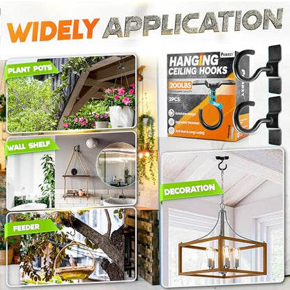 [UPGRADED] 2Pcs 200LBS Rotatable Ceiling Hooks with 4 Screw Points Base, Wall Mount Metal Hanger Black Ceiling Hook for Hanging Plant, Bird Feeder, Lights, Bed Canopy, Wind Chime, Indoor Outdoor Decor - style: 2PCS