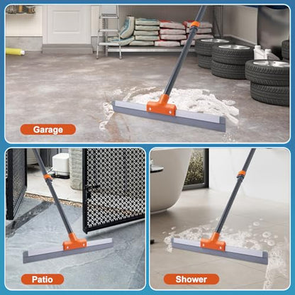 CLEANHOME Rubber Floor Squeegee for Concrete Floor, Tile Floor, Metal Aluminium Heavy Duty Garage Shower Floor Squeegee Broom for Removing Water, Commercial Scrubber Mop with Extendable Long Handle