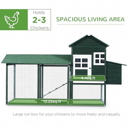 PawHut 84" Wooden Chicken Coop, Hen House Outdoor with Run Nesting Box, Asphalt Roof, Removable Tray, Ramp, Poultry Cage for 2-3 Chickens, Green - color: Green