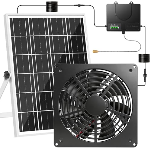 Solar Exhaust Fan with Pull Switch, 12000mAh Battery, IP65 Waterproof, 35dB Low Noise, Solar & USB-C Charging, Wall Mount Ventilation Fan for Chicken Coop Greenhouse Pet House Shed Garage