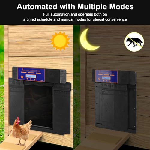 Automatic Chicken Coop Door Opener, Solar Battery Powered with LED Display, Timer Function, Double Doors Electric for Chickens, Ducks, Geese, Easy to Set Opening and Closing Time (Black) - color: Black