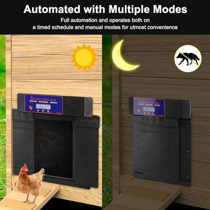 Automatic Chicken Coop Door Opener, Solar Battery Powered with LED Display, Timer Function, Double Doors Electric for Chickens, Ducks, Geese, Easy to Set Opening and Closing Time (Black) - color: Black