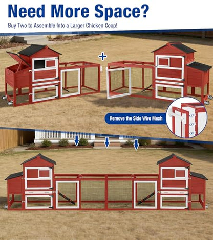 Chicken Coop with Run Mobile Chicken Coop with Wheels Duplex Hen House with Nesting Box Slide-Out Cleaning Tray Predator-Resistant Chicken Cage for Outdoor Backyard Red - color: Red