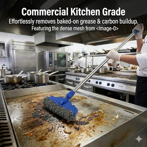 Stainless Steel Scrubber with 48" Long Handle, Heavy Duty 12.6" Widened Wire Mesh Broom for Commercial Kitchen, Garage Floor Oil Stain, Outdoor Patio, Griddle Cleaner, Pack of 1 Pole & 2 Refills