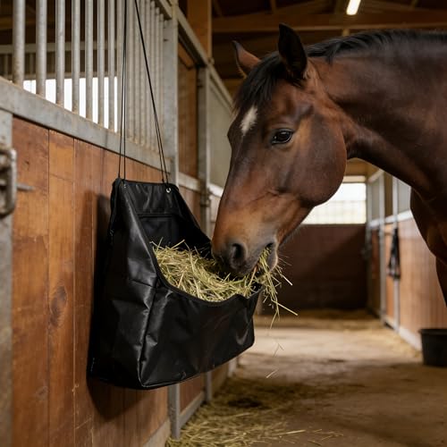 Horse Hay Bag - Large Capacity Tear Resistant Hanging Slow Feeder Pouch with Clear Visual Window - Portable Grass Storage Container for Equestrian Training Stable Yard and Farm