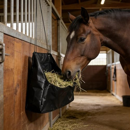 Horse Hay Bag - Large Capacity Tear Resistant Hanging Slow Feeder Pouch with Clear Visual Window - Portable Grass Storage Container for Equestrian Training Stable Yard and Farm