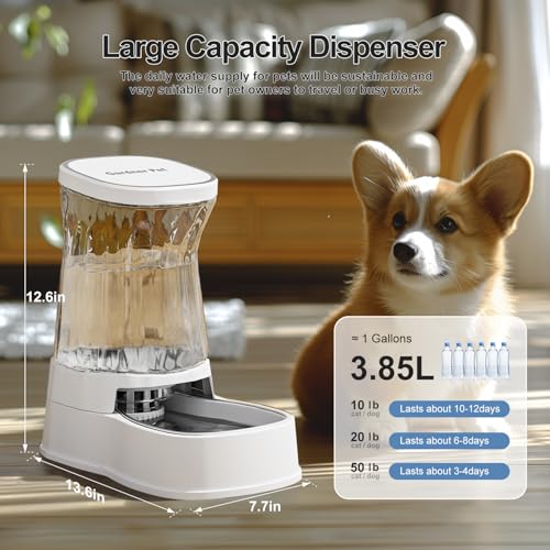 Gardner Pet Automatic Dog Water Dispenser Gravity Stainless Steel Water Waterer Feeder, 100% BPA-Free Large Capacity Water Feeding Bowls for Medium & Large-Sized Dogs Cats Other Pets -(1 Gallon) - color: White, size: 1 Gallon